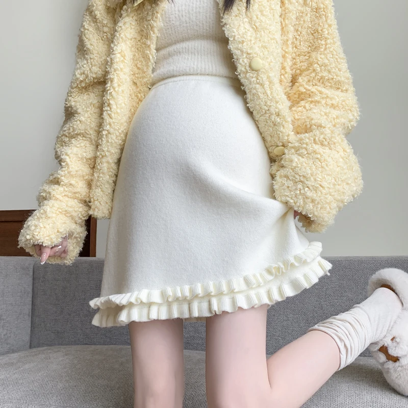 

Maternity Wear 2025 Autumn Winter Knit Wool Blend Skirt with Ruffle Trim - Slimming A-Line Bodycon Style Clothes for Pregnancy