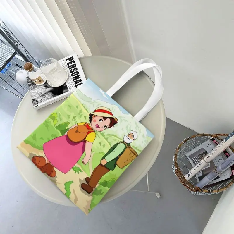 Custom Anime Heidi Girl Of The Alps Shopping Canvas Bag Women Reusable Grocery Heidi Peter Grandpa Tote Shopper Bags