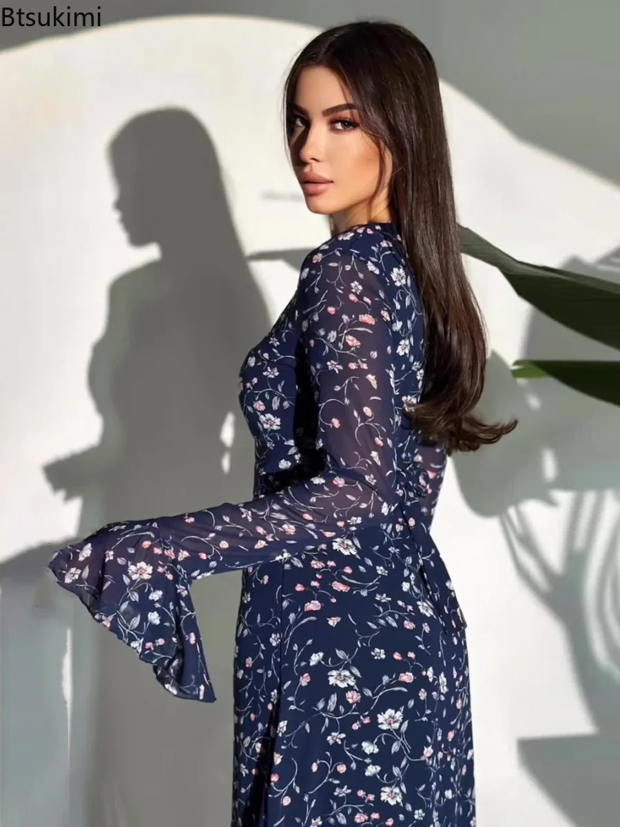 Novo vestido de chiffon feminino elegante fresco doce impresso vestido assimétrico em camadas design manga lótus cintura alta magro maxi vestido