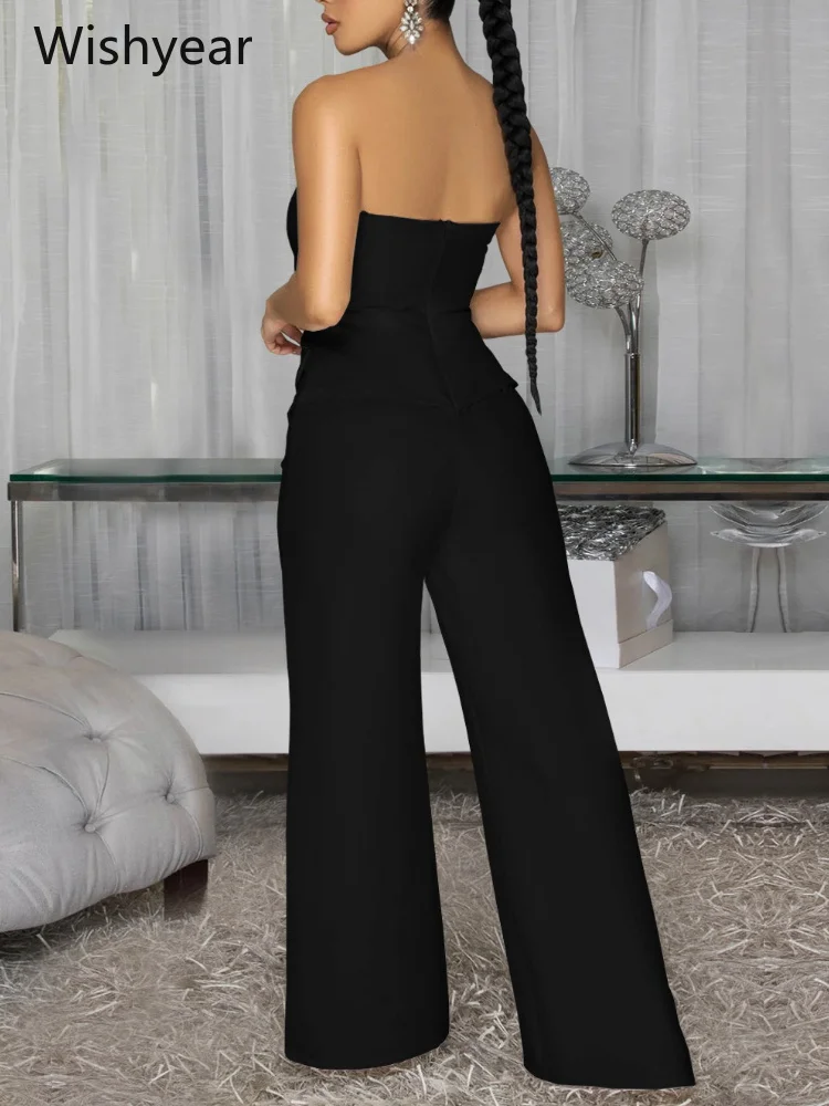 Black Strapless Wide Leg Jumpsuit Sweetheart Neck Silver Button Detail High Waist Romper for Women Party Club Birthday Office