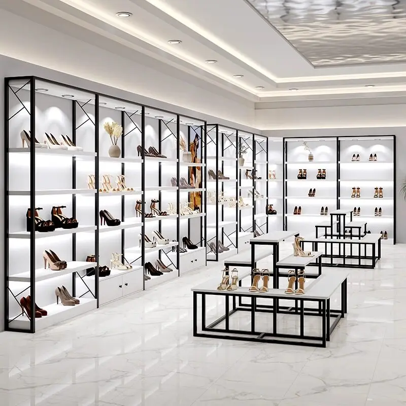 

Shopping mall shoe display rack floor-to-ceiling shelf shoe store decoration white wooden shoe rack classmate bag display