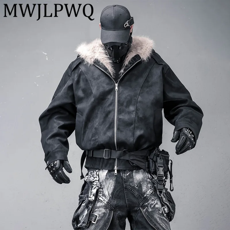 

MWJLPWQ Niche American Style Cleanfit Fur Collar Suede Padded Men's Thickened Cotton Motorcycle Hooded Jacket For Men New 12683