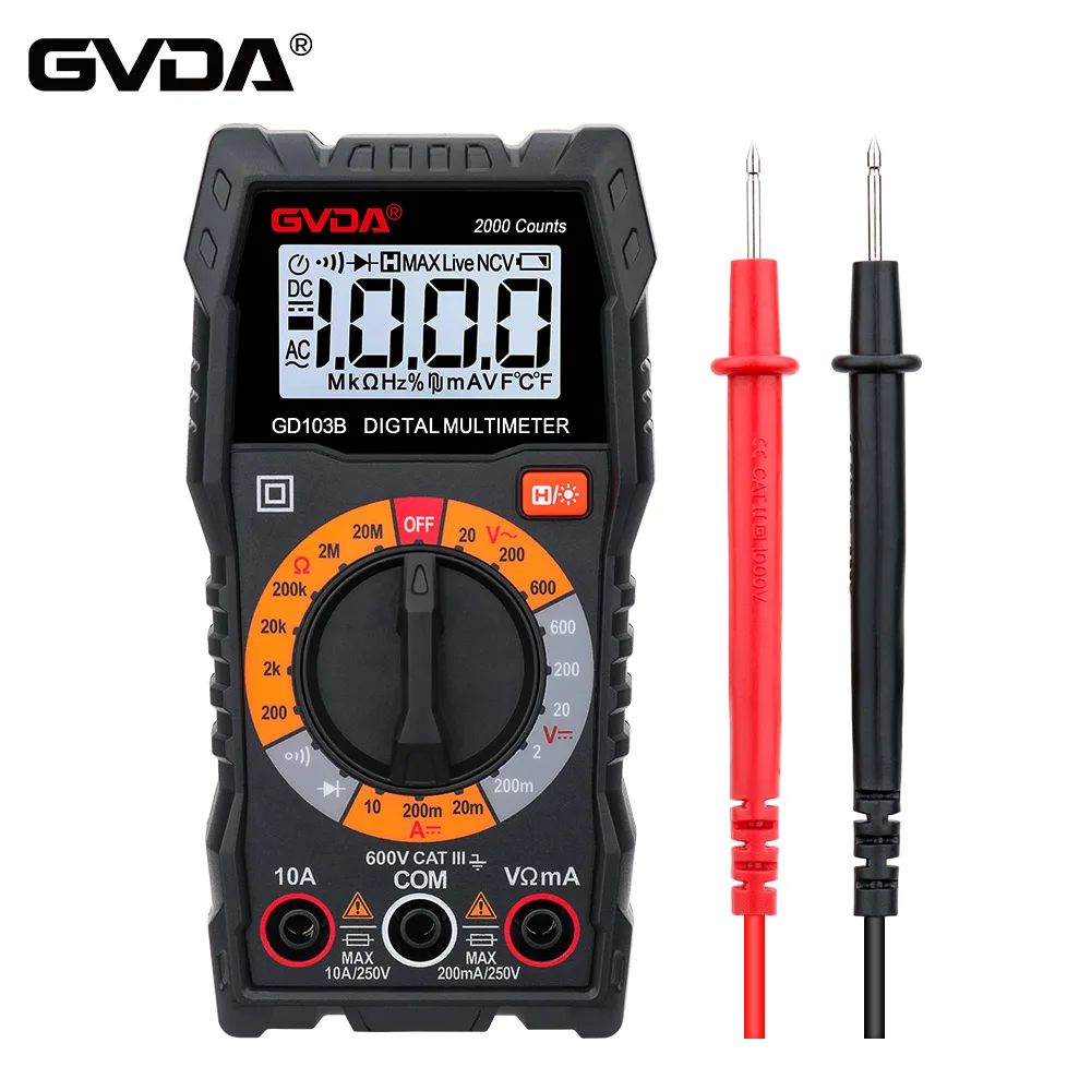 GVDA Digital Multimeter DMM Voltmeter True RMS AC DC Ohm Voltage Meter Resistance Tester 2000 Counts Multitester Diode Tester