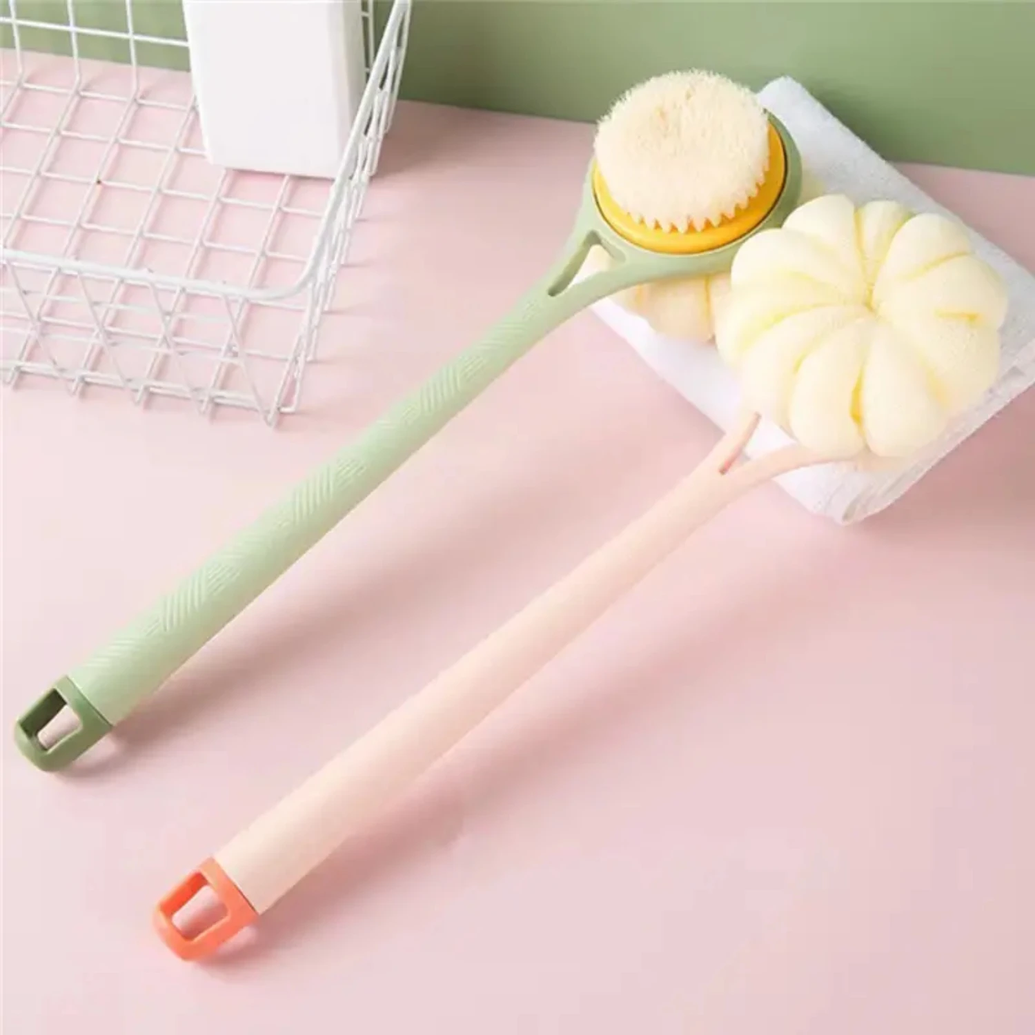 Brosse de bain double face à long manche, épurateur de dos en nylon souple, brosse de bain 2 en 1