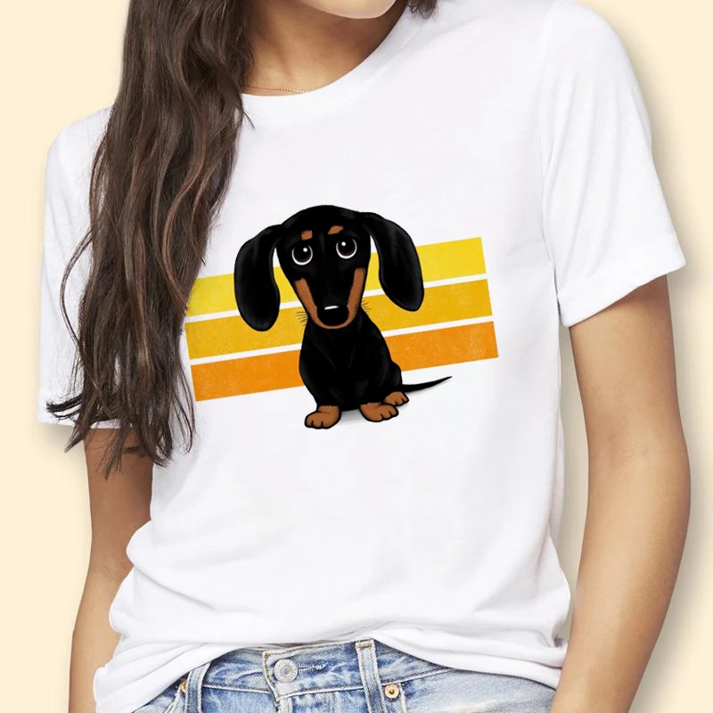 Cute Dachshund Printed T Shirt Women Summer Clothes Top Female White T-Shirt Female Clever Dog Tshirts Casual Tees Shirt Femme