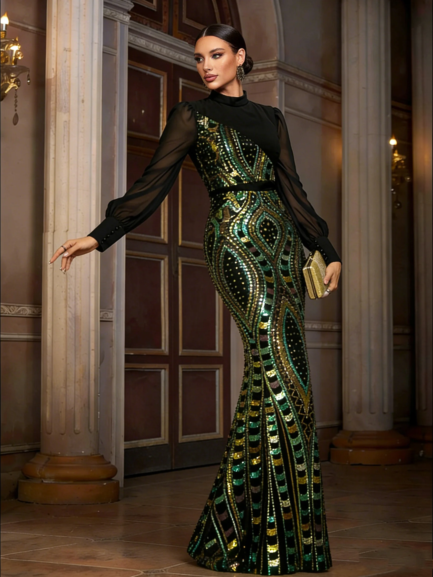 Missord 2026 New Long Sleeved Sequin Mermaid Evening Gown Round Neck Wedding Birthday Party Graduation Maxi Cocktail Dresses