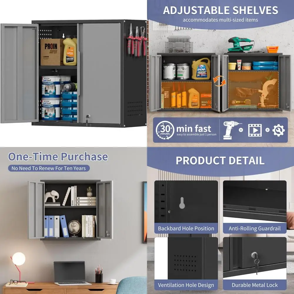 Металлический запираемый гаражный настенный шкаф с регулируемой полкой, 2-мя дверцами и перфорированной доской для хранения инструментов