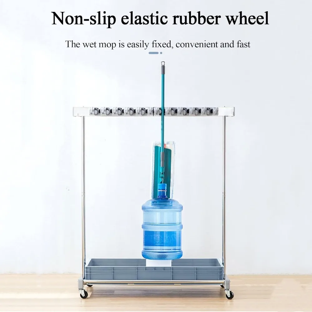 رف أدوات قائم على الأرض للمكانس والمماسح، حامل ممسحة مبللة، عربة تخزين أدوات التنظيف المتحركة، رف تصريف الممسحة #4