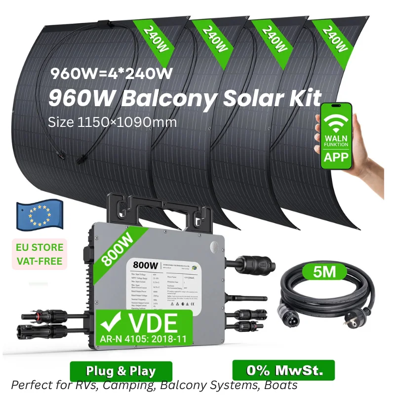 960W zonnestelsel met 4x240W panelen + 800W micro-omvormer |   Eenvoudige doe-het-zelf-installatie, ideaal voor balkons, RMS, kleine huizen