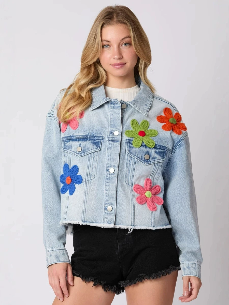 2025 Spring/Summer New Multi Color 3D Decorative Cowboy Jacket Long Sleeve Top Women Denim Coat