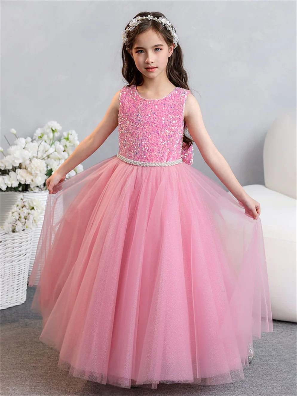 Shiyicey O-neck Sequins Bow Flower Girl Dress Cute Puffy Layered Tulle Princess Dresses for Girls Belt Ball Gowns for Wedding