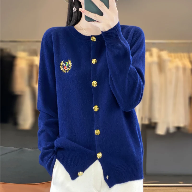 Knitted Sweater Cardigan Women\'s 24 Autumn Winter College Style Contrasting Color Badge Embroidery Slim Fit Jacket 100% Wool Top