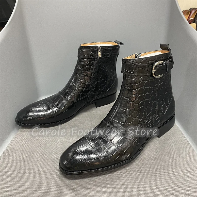 High Top Genuine Leather Chelsea Boots Men Belt Buckle Round Toe Chunky Heel Ankle Boots Fashion Large Size Zipper Male Boots