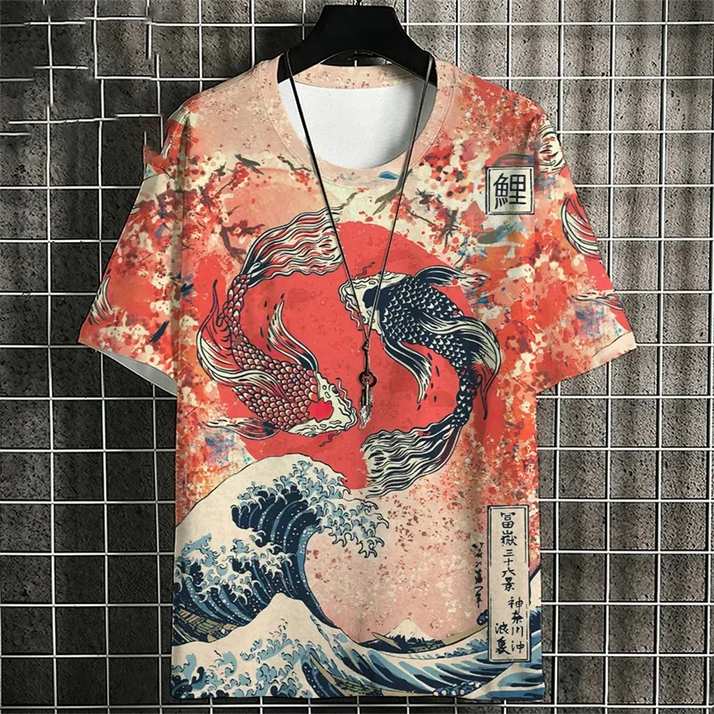 3D Printed Ukiyo-E T-Shirt For Men Japanese Koi Carp Graphic T Shirts Casual Unisex Oversized Short Sleeve Tops Breathable Tees