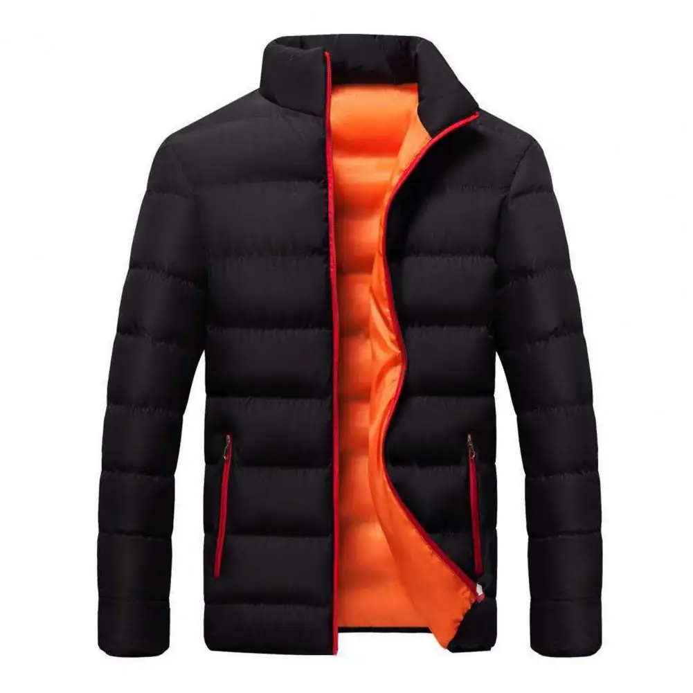 Parkas fermeture éclair poches à manches longues hommes rembourré coton manteau fermeture à glissière col montant mince mâle bouffant manteau mâle coupe-vent