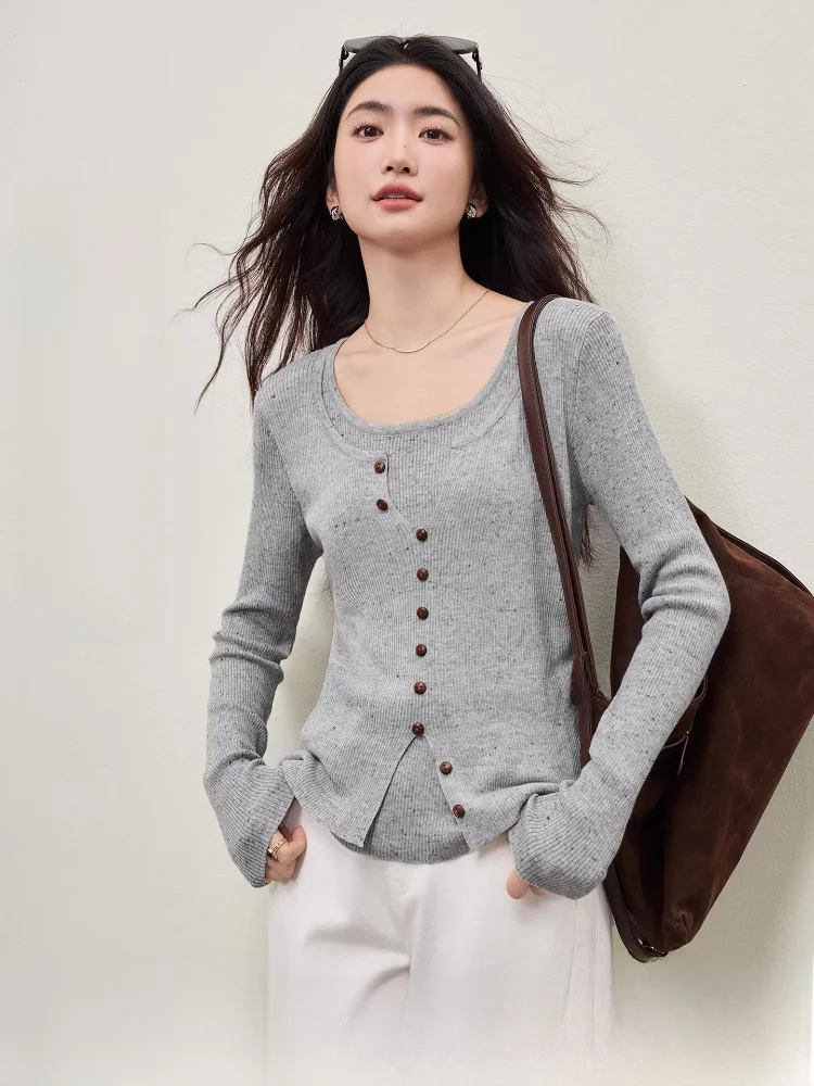 

Elastic Women's Knitted Sweater Double Collar Slim Fit Spring 2026 New Design False Two-Piece Sle Comfortable Soft Polyester