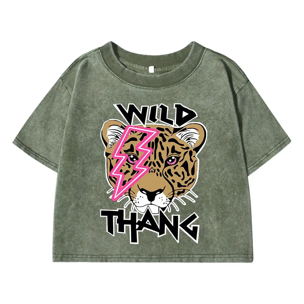 Wild Tiger Cartoon Print Women Washed Short Tshirts Summer Fashion T-Shirt Breathable O-Neck Tee Shirts Soft Oversize Clothes