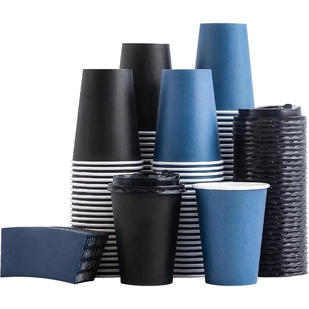 

500 Pack 12 oz Disposable Coffee Cups with Lids and Sleeves, Hot & Cold Drinking, Coffee Cups