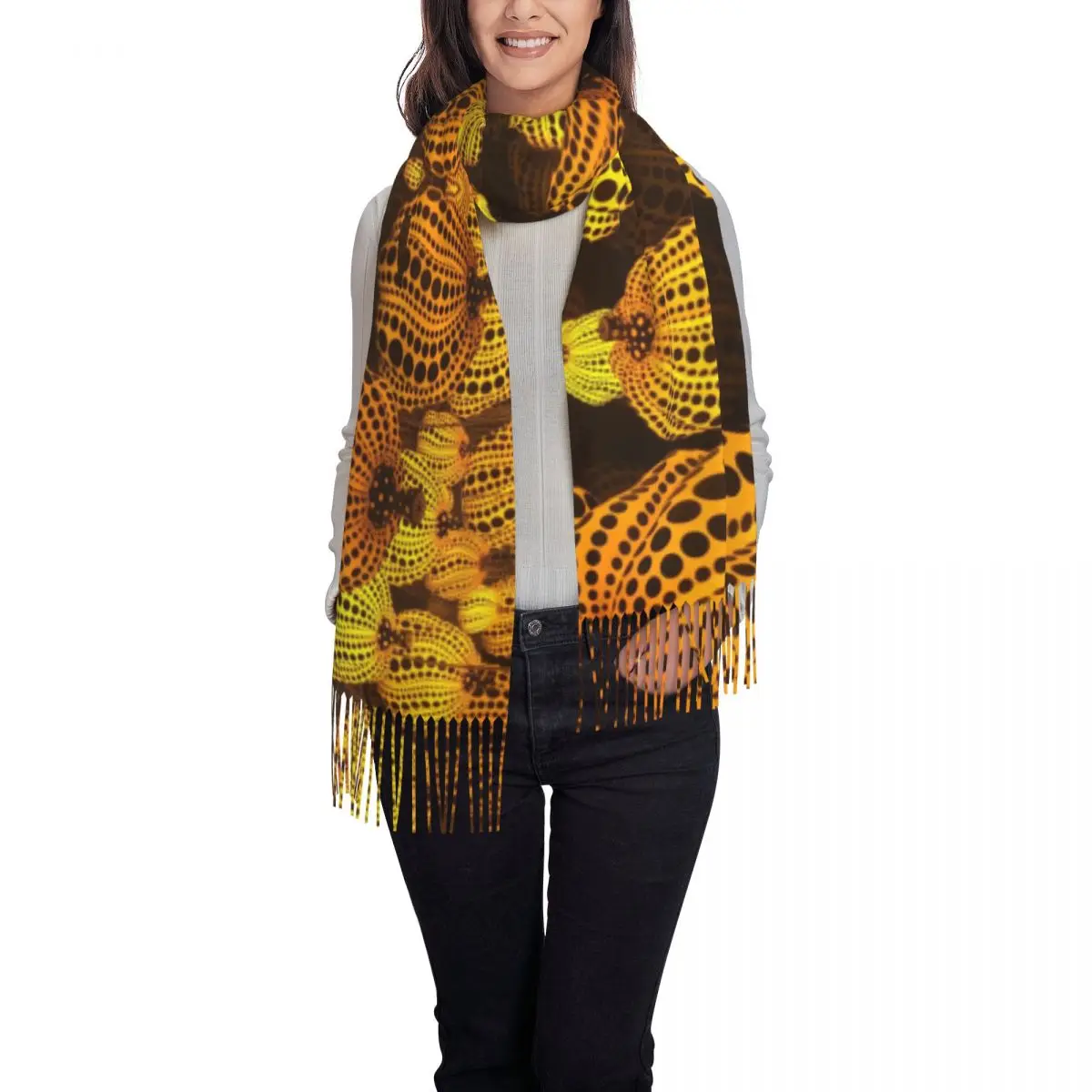 Fashion Abstract Art Yayoi Kusama Pumpkin Tassel Scarf Women Winter Warm Shawls Wraps Lady Aesthetic Scarves