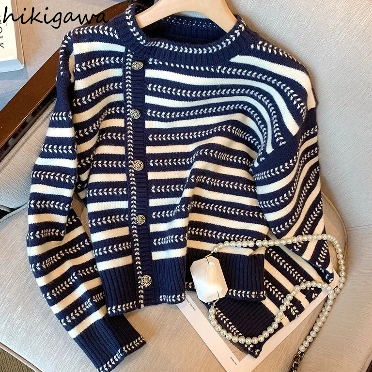 

Fall Winter Clothing Vintage Cardigan Coat for Women Sueter Mujer O-neck Fashion Striped Knitted Sweater Tops Pull Femme 27y598