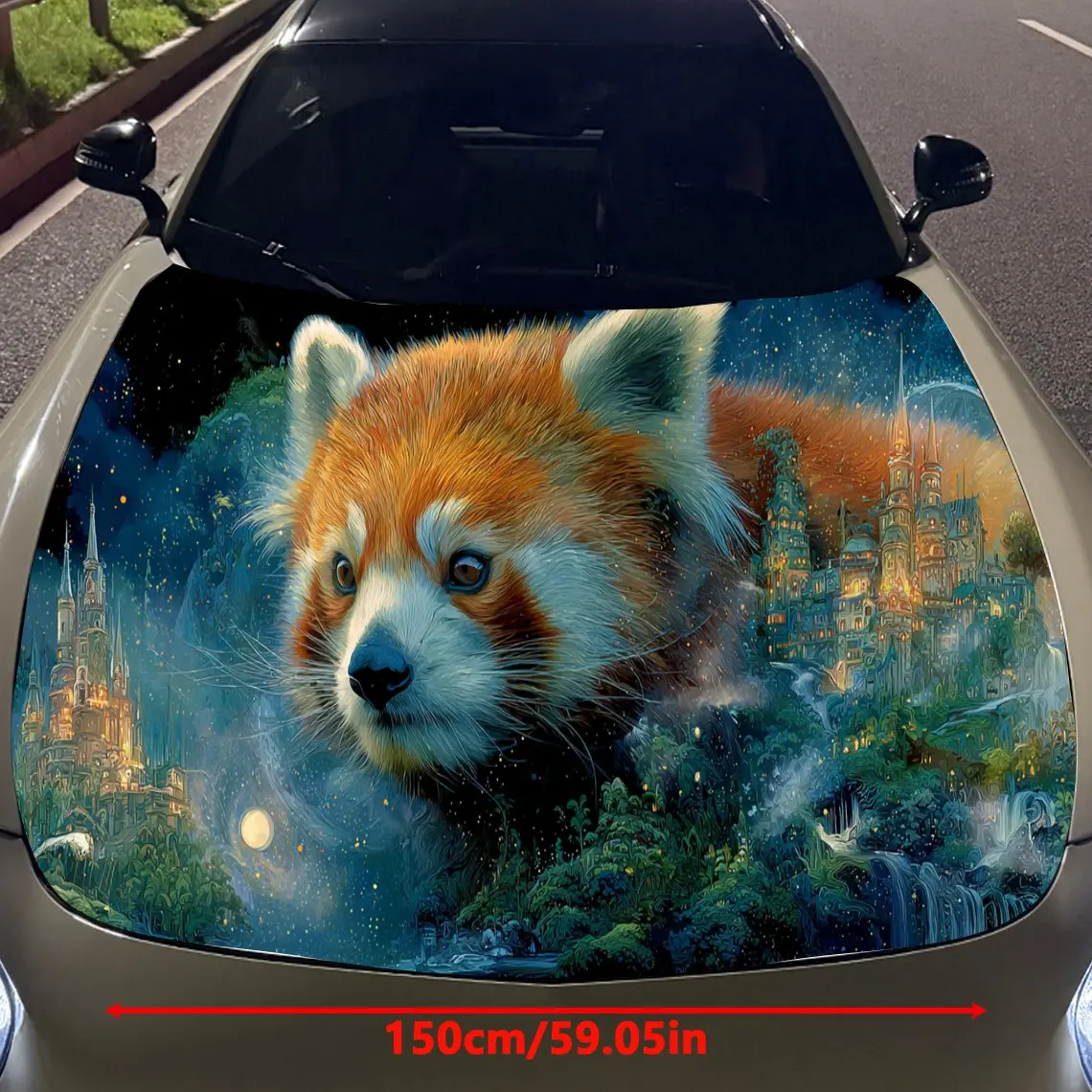 Iridescent Red Panda and Blue Star City Car Vinyl Wrap, PVC Material Waterproof Car Hood Sticker, Self-Adhesive Scratch-Resistan