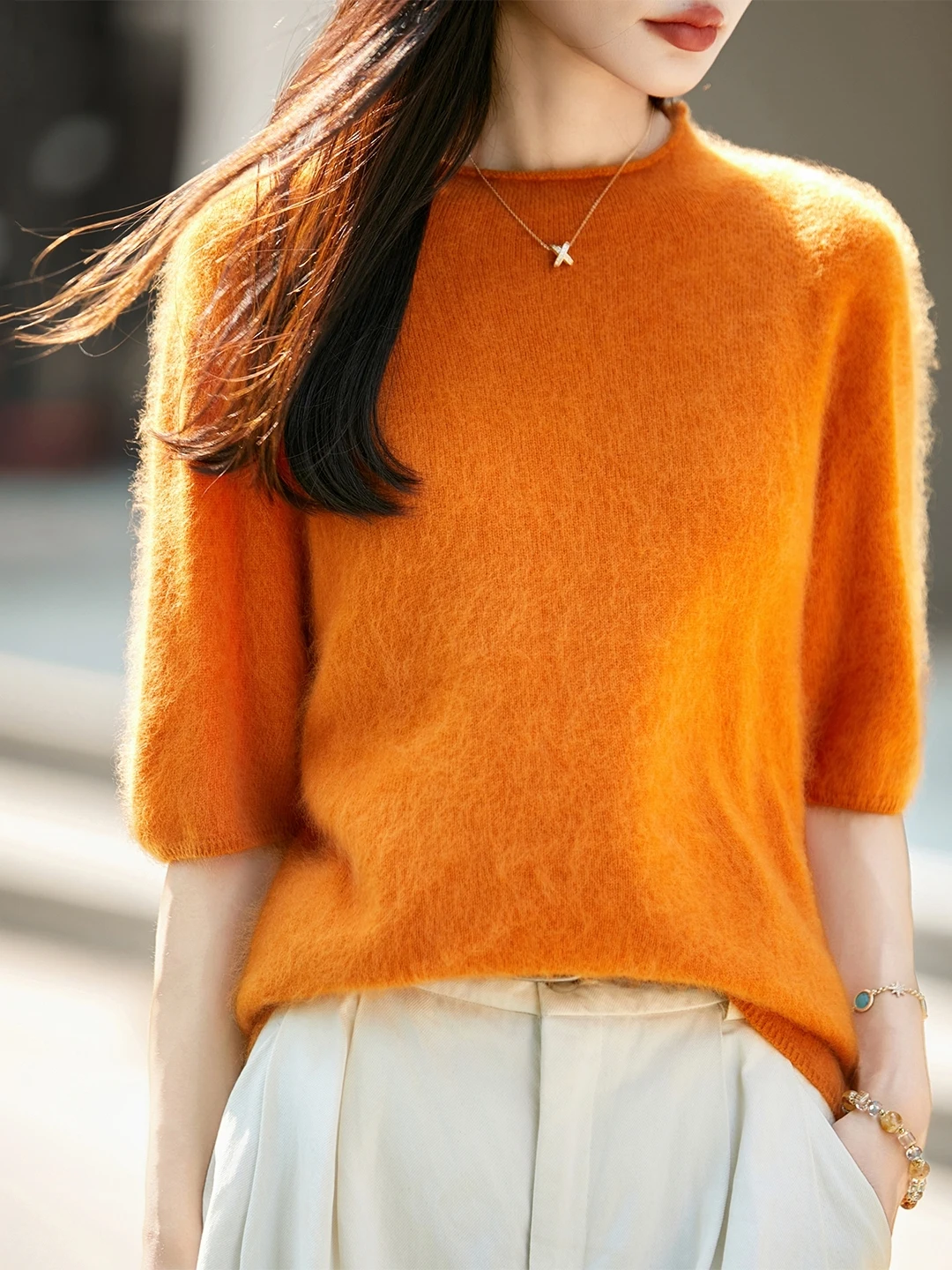 Loose Knitted Wool Sweater Women's round Neck mid Sleeve Fleece Lined Autumn New Style Creamy White Elegant Top for Ladies