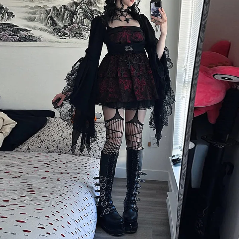 Black Gothic Lace Bolero Top, Irregular Hem Shrug Blouse Long, Bell Sleeve Sheer Overlay Shirt, Women Y2K Streetwear Fashion 202
