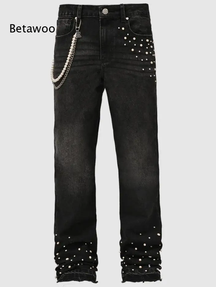 Men Trendy Street Long Denim Pants Light Washed Straight Silhouette Pearl Decoration Detachable Chain Frayed Hem Craft