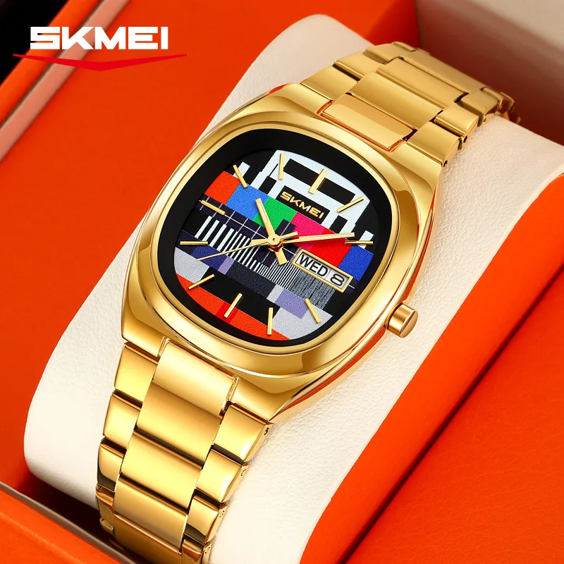 Men's Retro Simple Gold Watch Oval - Shaped Case TV Test Pattern Dial, Stainless Steel Band Time Week Date 30M Water 9375