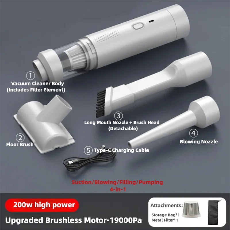 مكنسة كهربائية للسيارة لاسلكية 200 وات 19000Pa منفاخ محمول لتنظيف شعر الحيوانات الأليفة والمنزل والتنظيف التلقائي