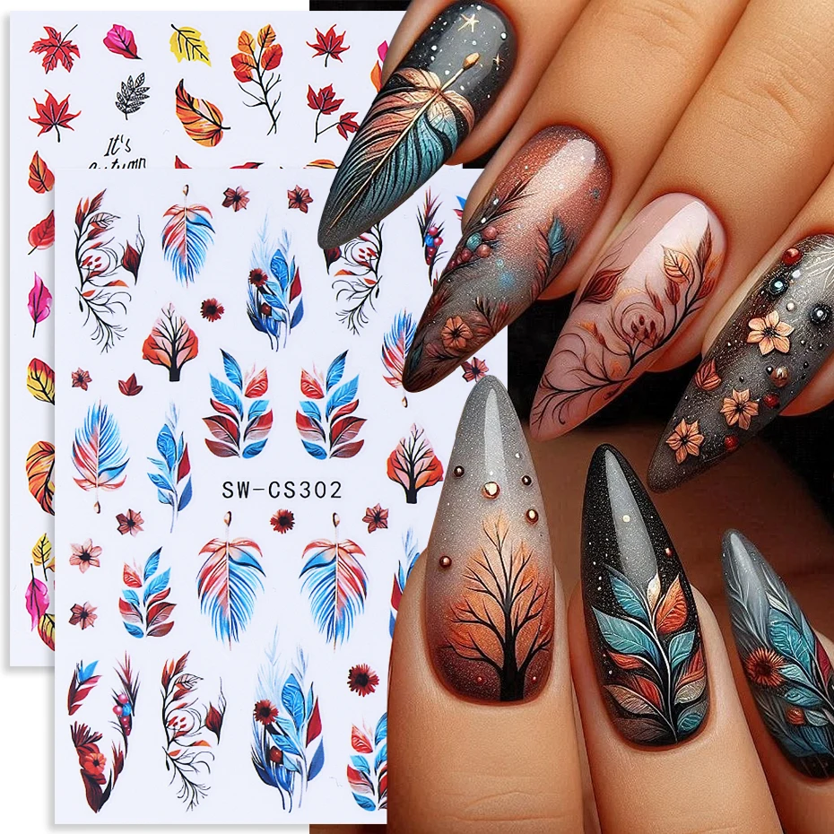 2 stücke Herbst Ahornblatt Nail art Aufkleber 3D Bunte Blätter Blütenblätter Design Selbstklebende Nagel Aufkleber Sliders Maniküre Dekoration