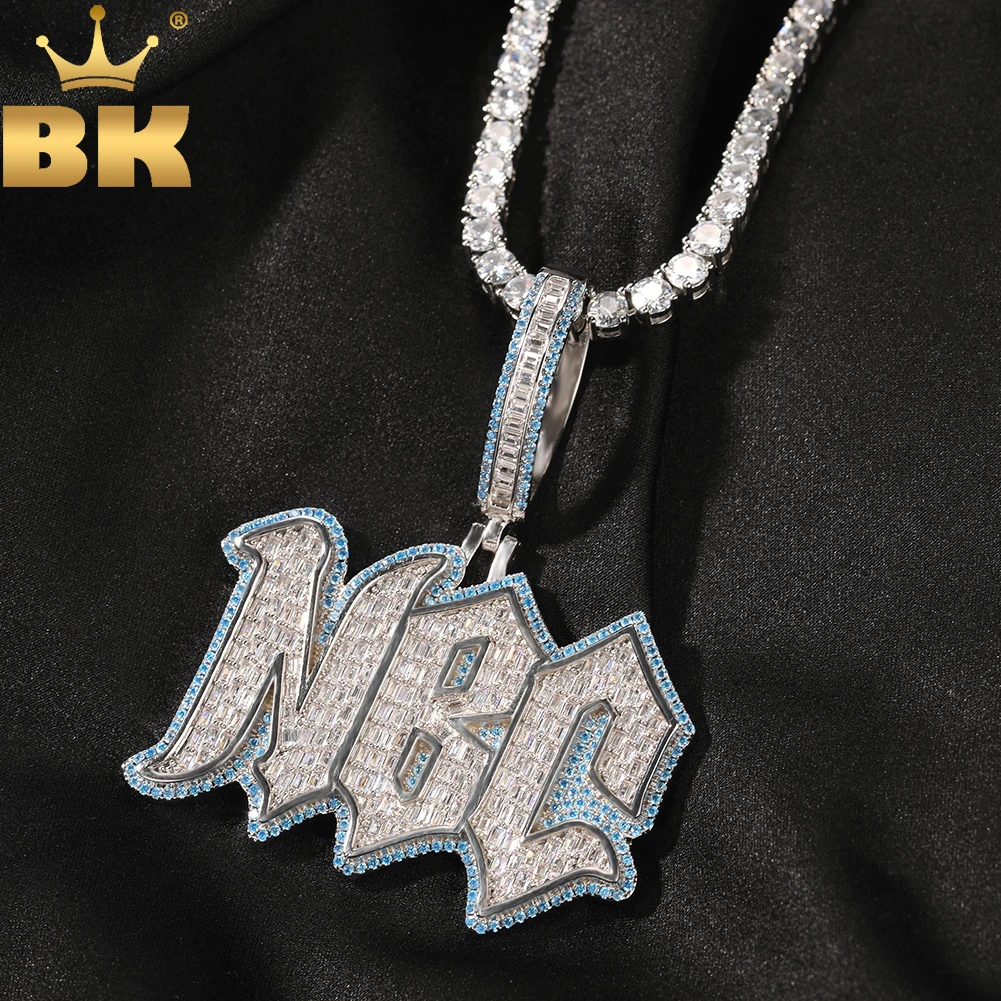 

THE BLING KING Custom Baguettecz Letter Name Pendant Necklace Iced Out Sky Blue Cubic Zirconia Chain Necklace Hiphop Jewelry