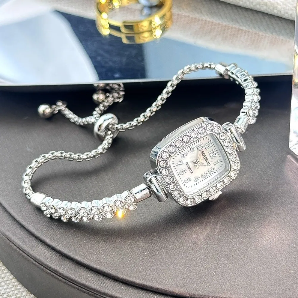 Hot Double-row Diamond Ladies' Small Square Watch Arabic Numerals Simple Women Wristwatch Bracelet Quartz Watch Student