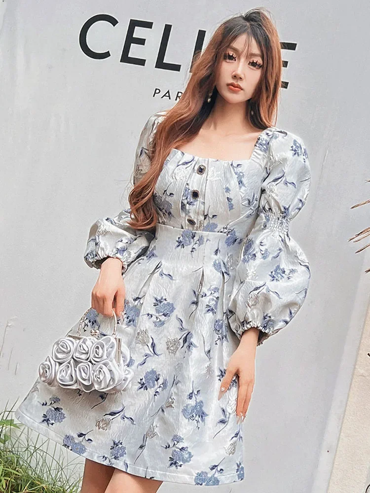 French Elegant Retro Court Style Square Collar Long Lantern Sleeve Jacquard High Waist Slim Fit A-line Short Dress Women Autumn