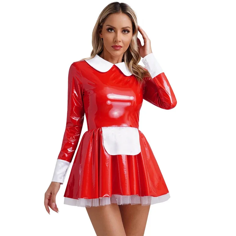 WU01 Womens Shiny PVC Leather French Maid Costume Long Sleeve Apron Maidservant Dress Halloween Cosplay Party Fancy Dress UJk5*！