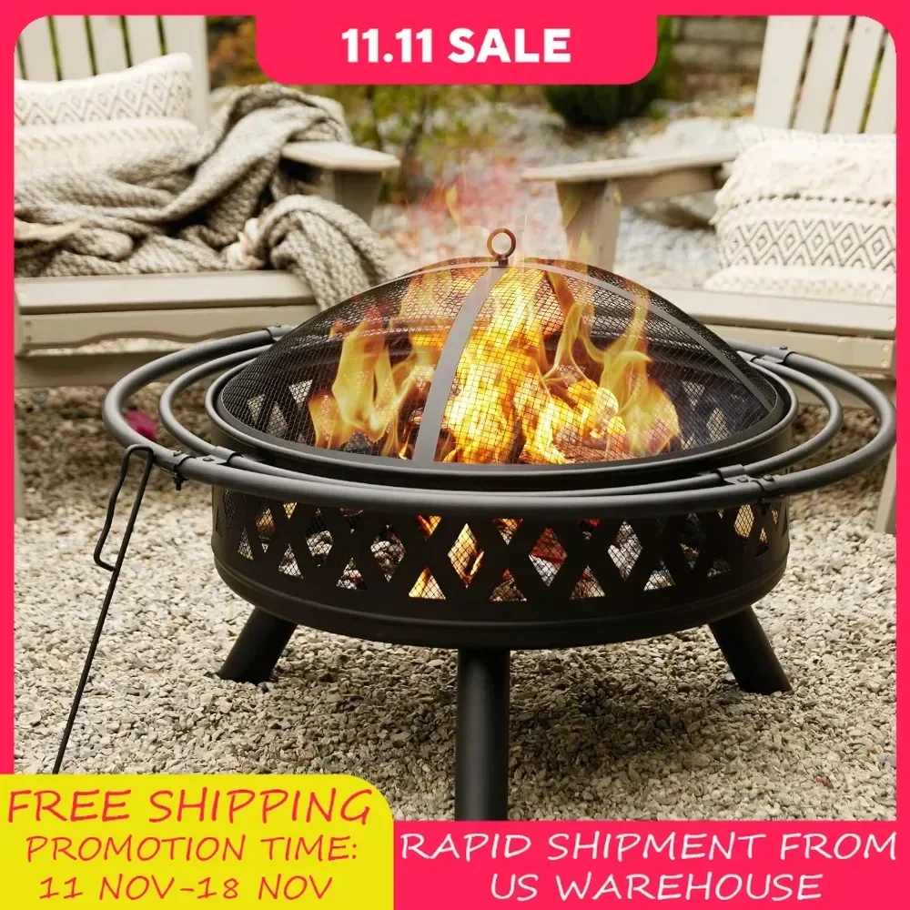 

35 Inch Fire Pit, Outdoor Wood Burning Fire Pit Crossweave with Spark Screen Fire Poker with 2 Loops, for Patio Garden Bonfire