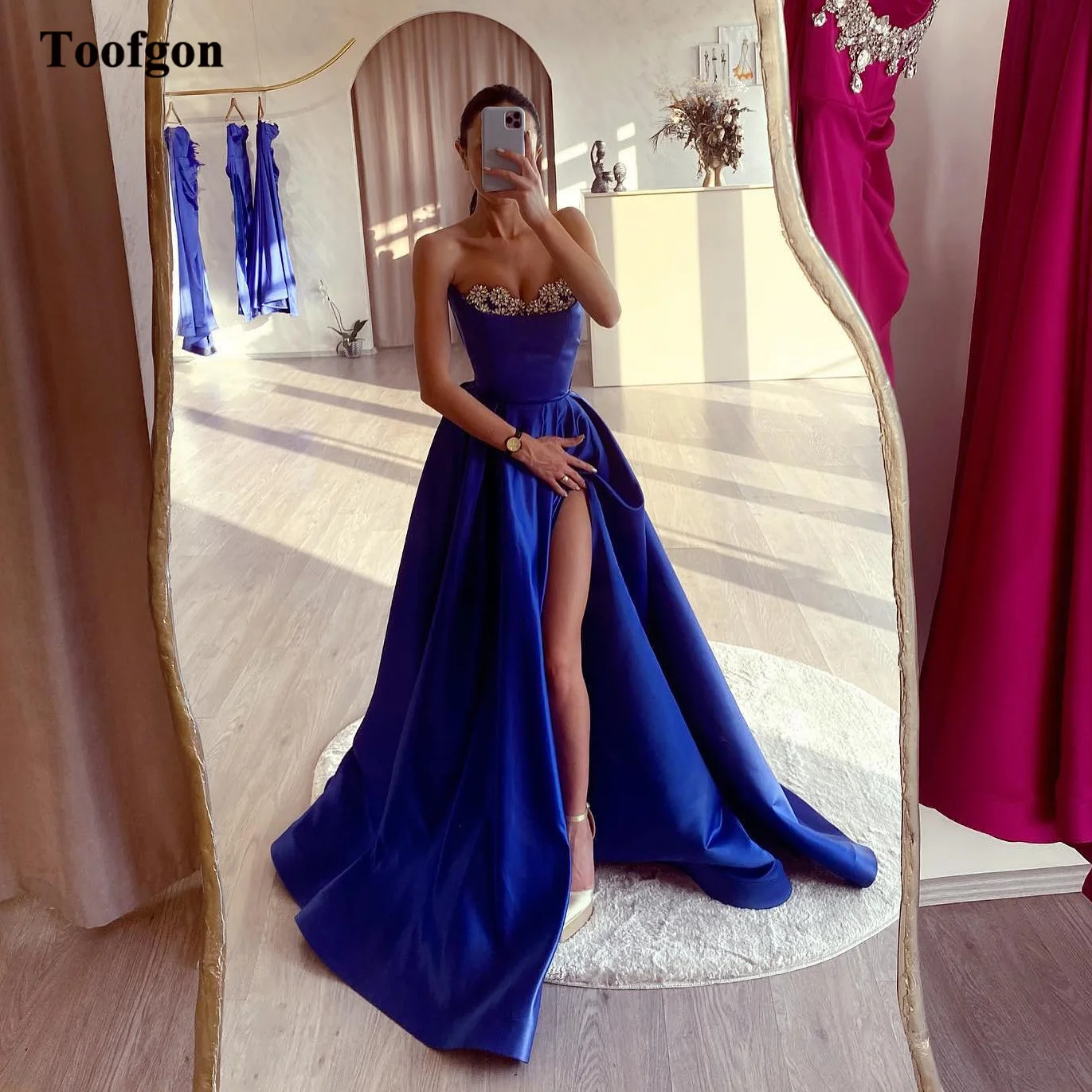 

Toofgon Simple A Line Satin Prom Dresses For Women Crystals High Split Evening Dress Formal Outfits Special Birthday Party Gowns