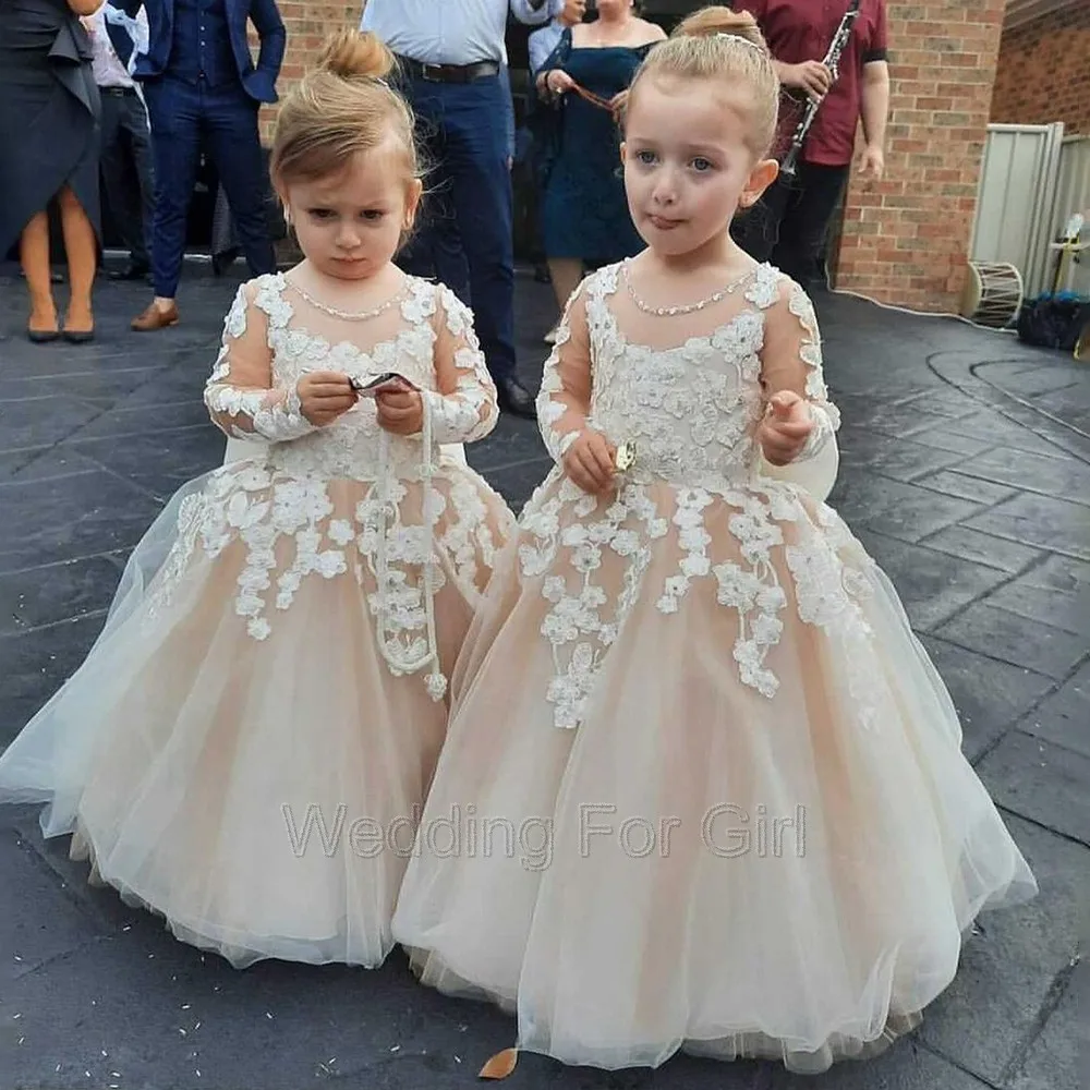 Long Sleeve Flower Girl Dresses Tulle Puffy Baby Wedding Guest Party Lace Appliques Kids Birthday Dress First Communion Gown