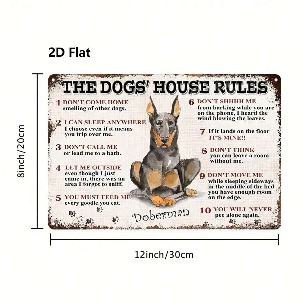 Vintage Doberman Rules Metal Sign 8x12 Inch Funny Dog Wall Art Decor for Home Bar Garage