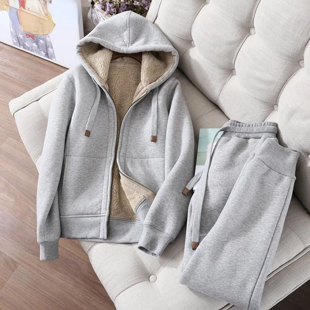 Women's Sweatshirt Pants Suit Long sleeve Fleece Thick Hoodie Coat Jogger Pants Two piece Set Autumn and Winter Warm Sportswear