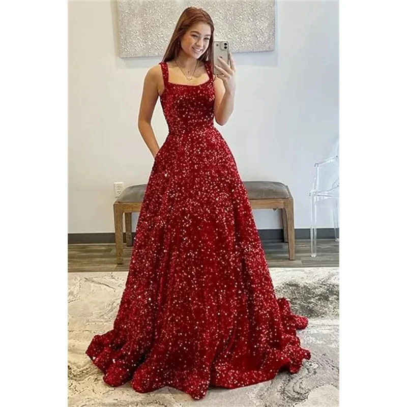 Customized Long Evening Party Gowns Spaghetti Straps Sequin Prom Dresses 2025 Long Sparkly A Line Formal Ball Gowns with Pockets #2