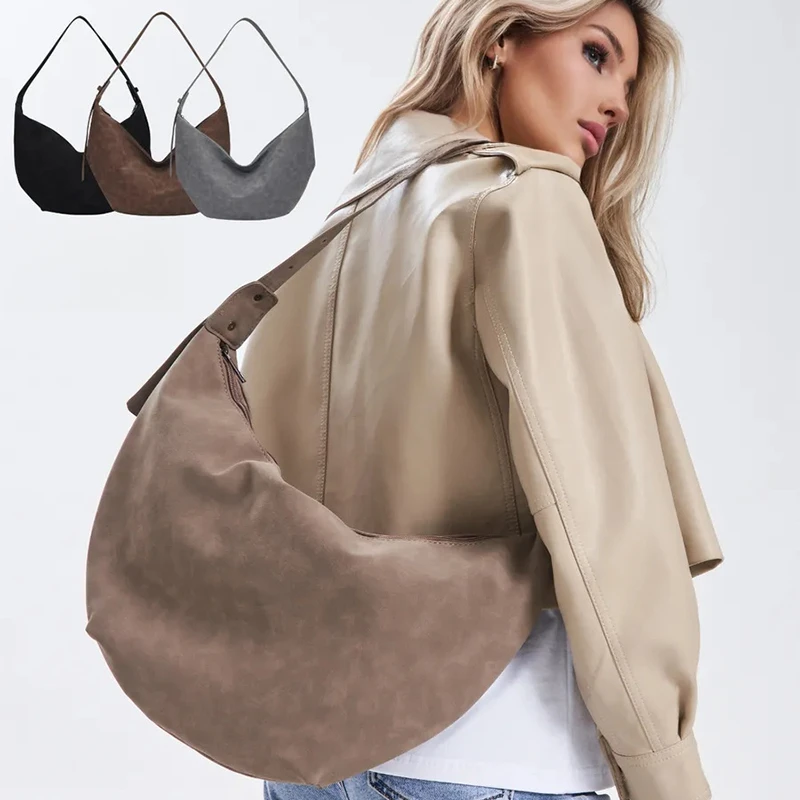 

Женская сумка через плечо из искусственной замши в форме полумесяца, трендовая винтажная сумка через плечо большой вместимости, универсальная повседневная повседневная минималистичная сумка