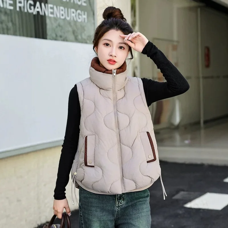 Autumn/Winter New Vest Jackets Fashion Stand Up Collar Cotton Splice Color Blocked Shoulder Women's Waistcoat Korean Style Gilet