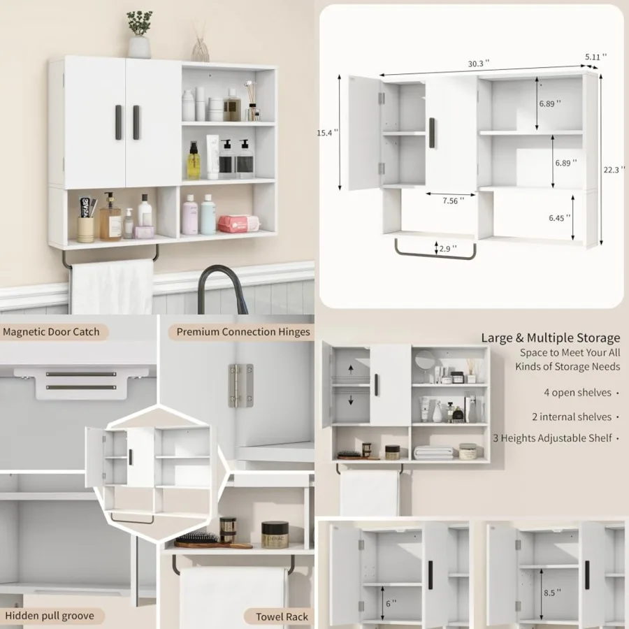 

Medicine Cabinet, Wooden Bathroom Wall Cabinet with 2 Doors, Adjustable Shelves and Towel Bar, Over Toilet Storage Cabinet Wall