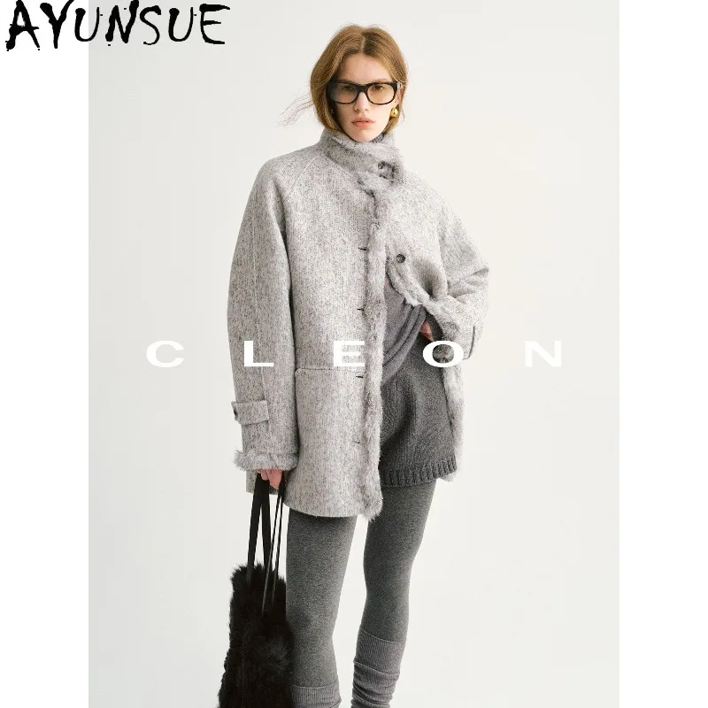 AYUNSUE Wool Blend Jackets for Woman Fashion Loose Mid-length Outerwears Stand Collar Woolen Coat Woman Clothes Куртка Женская