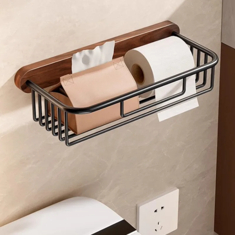 

Walnut Wood Toilet Paper Holder, No-Drill Tissue Box, Bathroom Paper Organizer, Shampoo Draining Rack for Bath Storage