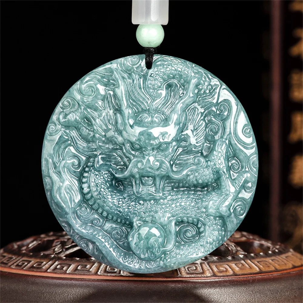 Retro Natural Green Jadeite Carved Round Dragon Head Lucky Pendant Amulet Necklace Certificate Luxury Jade Vintage Jewelry