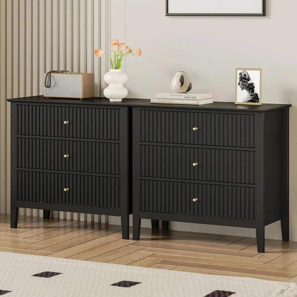 A set of two dresses with 3 drawers, a slotted wardrobe with storage drawers, and a painted 30 inch high bedside table