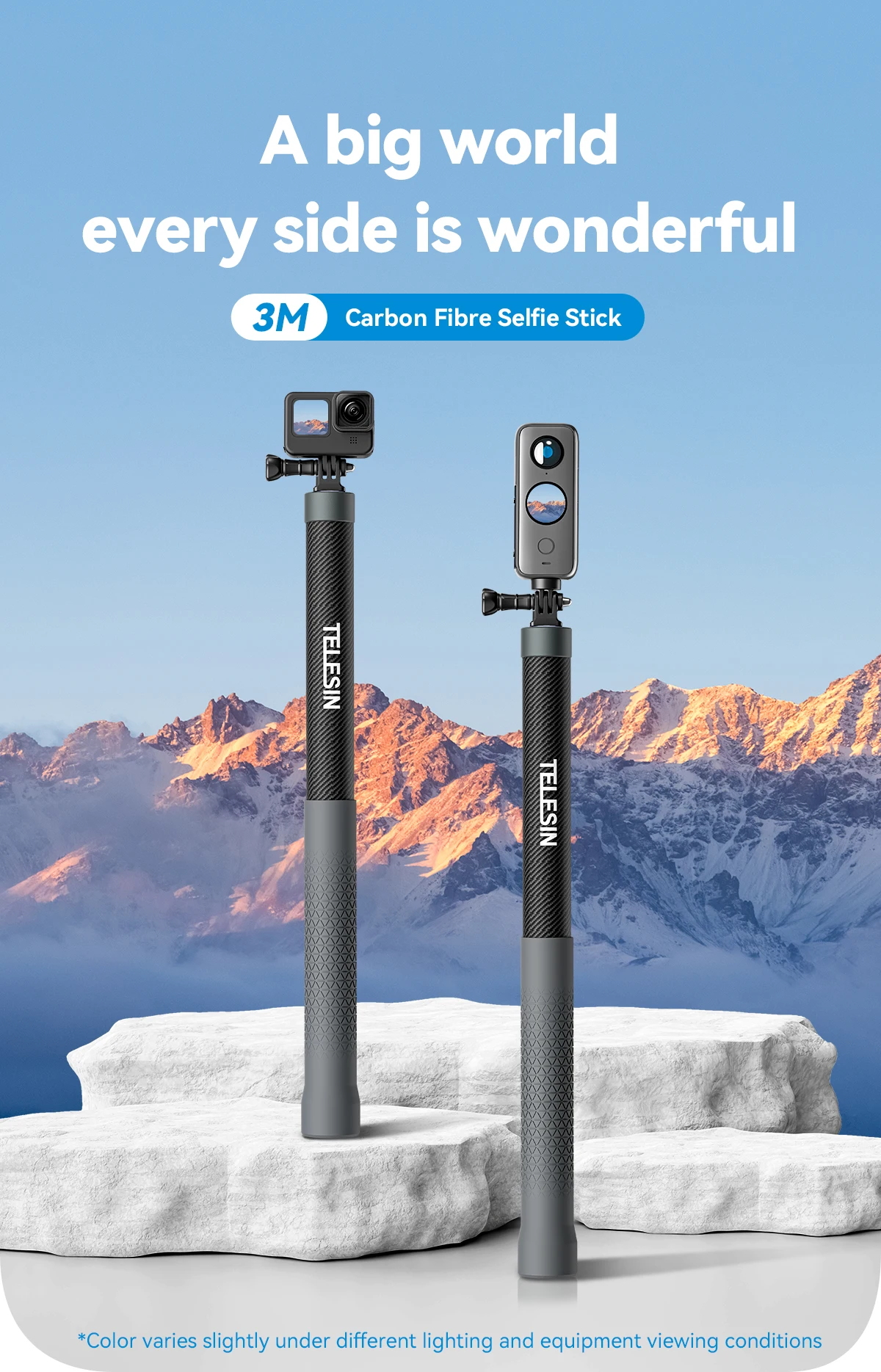 Telesin 3M 1,2M Unsichtbarer Carbonfaser-Selfie-Stick für Hero 13 12 11 10 9 DJI Action5 4 3 Insta360 X5 X4 Motorrad-Zubehör – Detail 5