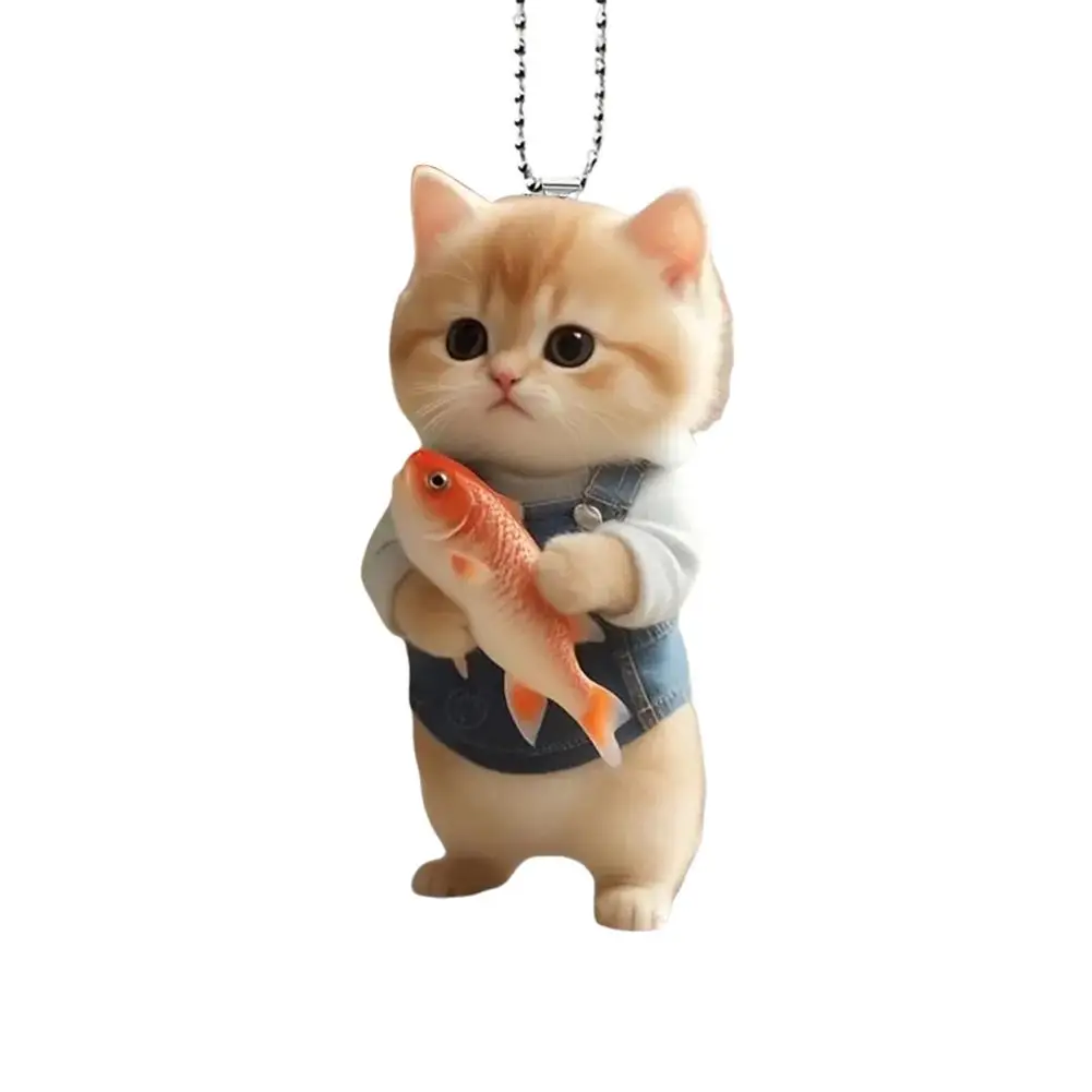 2D Car Pendant Hanging Ornament With Chain Realistic Animal Cat-Shaped Rearview Mirror Hanging Ornament Car Interior Decor Craf - 4